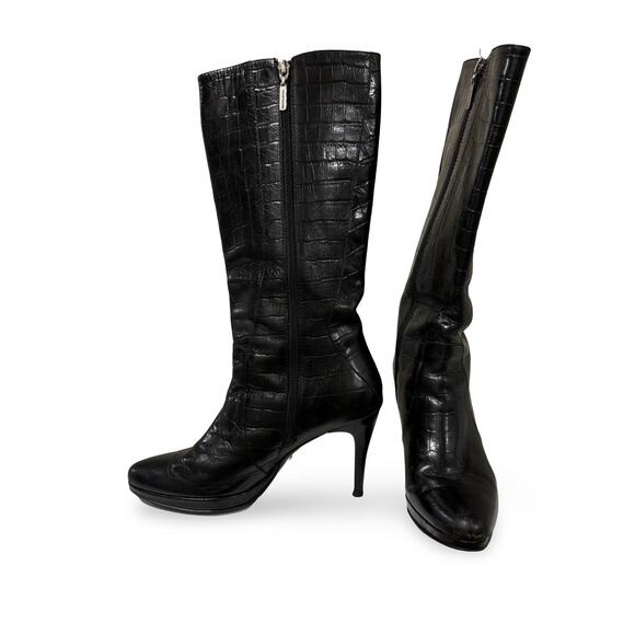 BOUCHEREL Colombian Artisan Croc-Embossed Leather Knee-High High Heel Boots - Picture 2 of 7